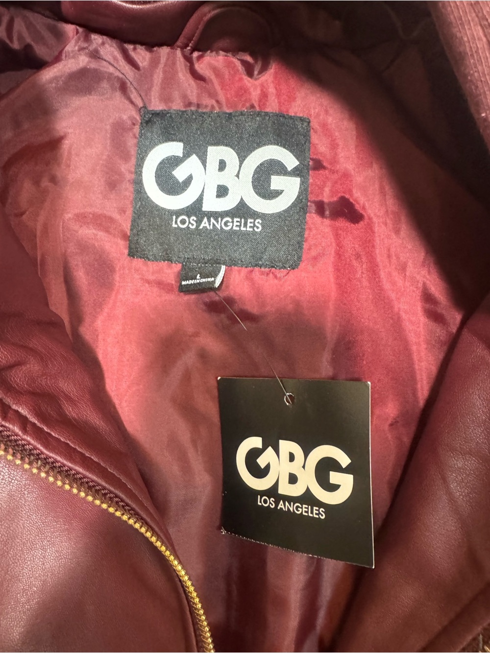 GBG Los Angeles NWT Faux Leather Hooded Moto Jacket Burgundy Women’s Large - Picture 2 of 12